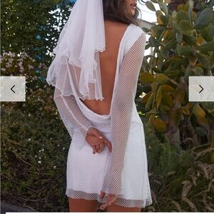 12th Tribe White Open-Back Mini Dress with Mesh Long Sleeves